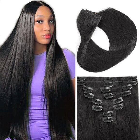 Real Human Hair Clip in Extensions 18 Inch Black Seamless Natural Volume Women